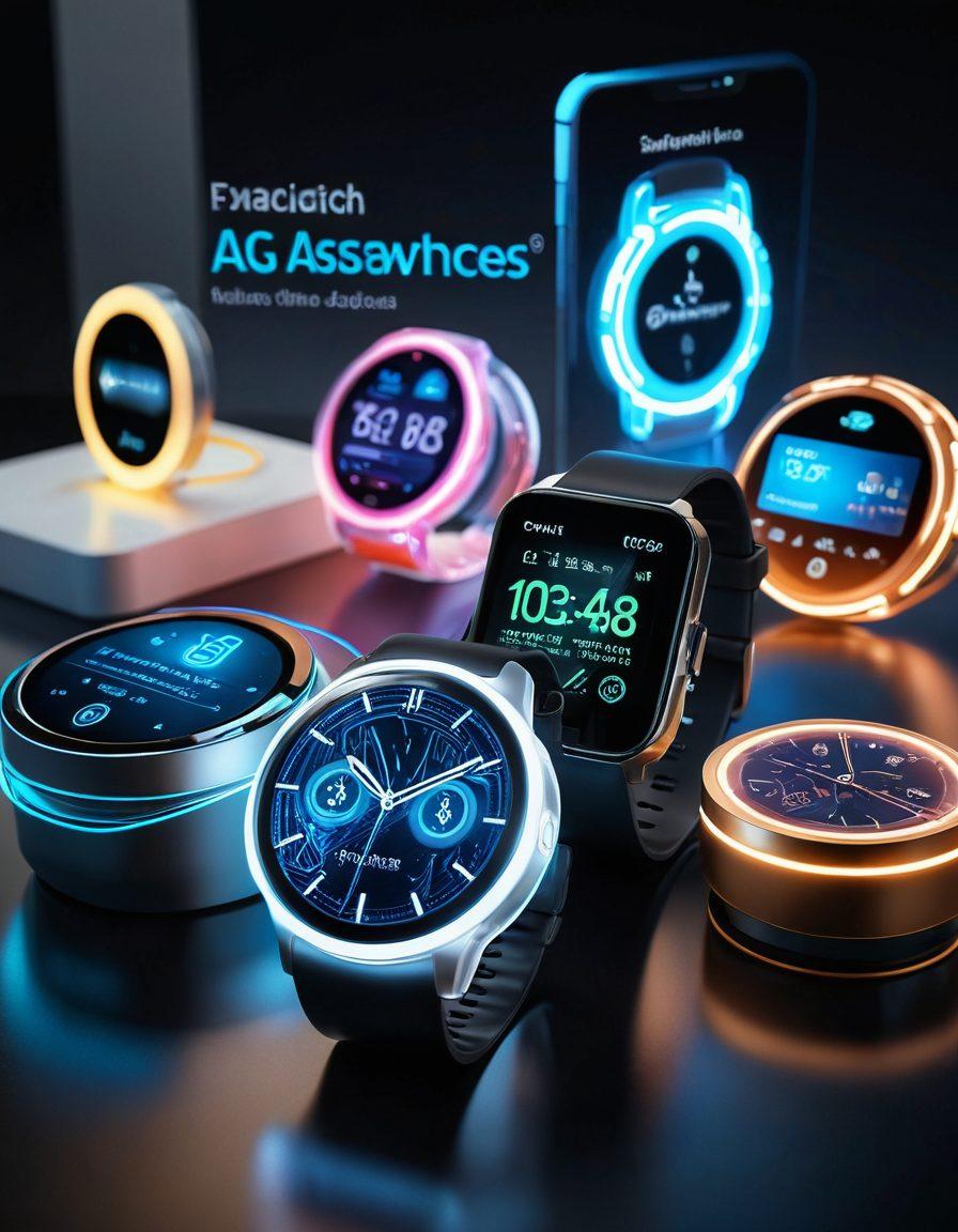 A futuristic scene showcasing various innovative hardware components seamlessly integrated into everyday gadgets, such as smartwatches, home assistants, and smart home devices. Include translucent circuit designs and glowing interfaces to illustrate technological advancement. Surround the gadgets with dynamic, flowing energy lines to symbolize evolution and connectivity. Bright and vivid colors to enhance the modern tech vibe. sci-fi aesthetic. super-realistic. vibrant colors.