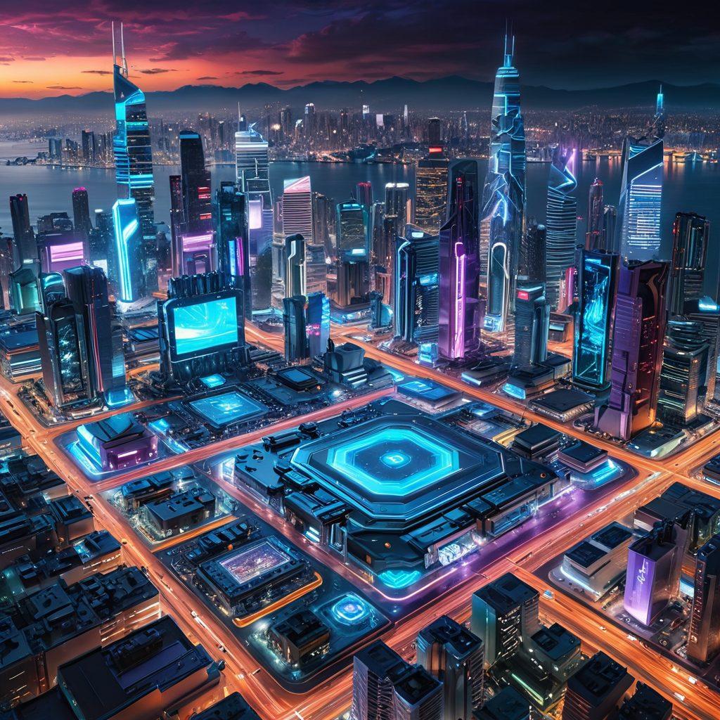 A futuristic scene showcasing a variety of high-tech gadgets and components, including circuit boards, microchips, and sleek devices, all interconnected with glowing digital lines. In the background, a city skyline infused with advanced technology and vibrant holograms symbolizes innovation. The color palette should be bright and mesmerizing, emphasizing technology's evolution. super-realistic. vibrant colors. cyberpunk.