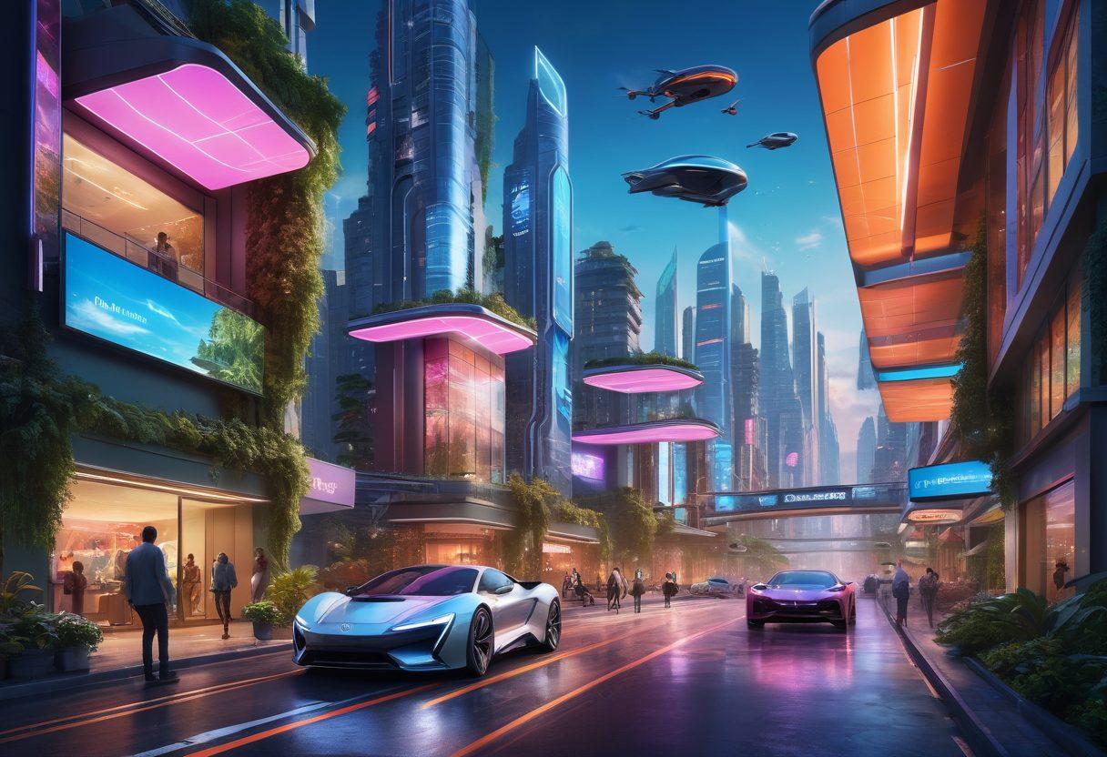 A futuristic cityscape showcasing a blend of advanced consumer technology and innovative hardware, with flying cars, holographic displays, and smart homes integrated with lush greenery. The foreground features diverse individuals interacting with cutting-edge devices, radiating excitement and inspiration. Soft neon lights illuminate the scene, highlighting the seamless integration of nature and technology. ultra-realistic. vibrant colors. dynamic lighting.